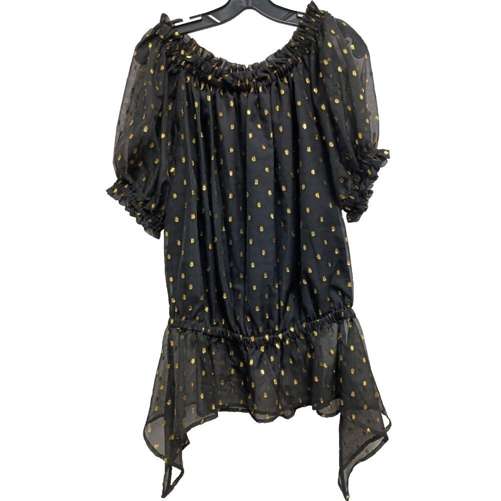 WD.NY Women Y2K Whimsygoth BOHO Top Size 8 Black Gold Polka Dot Asymmetric New